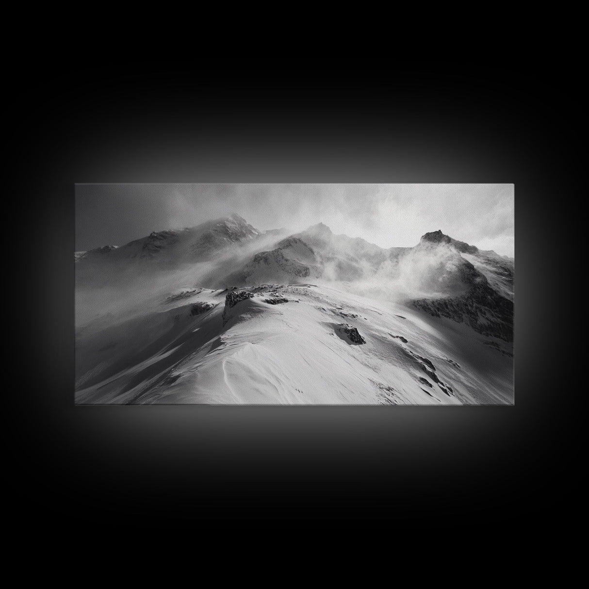 Snowy Peak, Windy Mountain, Winter Landscape, Framed Canvas Print, Black and White Art, Cabin Wall Decor, Moody Alpine Art, Rustic Wall Art