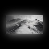 Snowy Peak, Windy Mountain, Winter Landscape, Framed Canvas Print, Black and White Art, Cabin Wall Decor, Moody Alpine Art, Rustic Wall Art