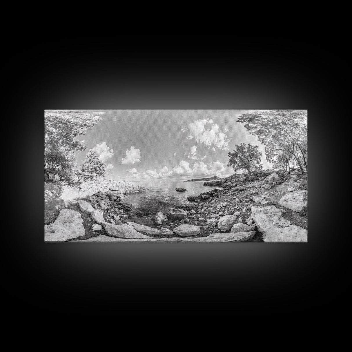 Rocky Cove, Tranquil Bay, Forest Edge, Panoramic Beach, Framed Canvas Print, Nature Art, Bathroom Wall Decor, Earthy Coastal View