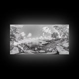 Rocky Cove, Tranquil Bay, Forest Edge, Panoramic Beach, Framed Canvas Print, Nature Art, Bathroom Wall Decor, Earthy Coastal View