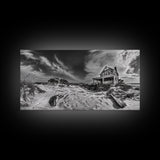 Abandoned House, Beach Shack, Coastal Ruins, Windy Sky, Canvas Print, Rustic Wall Art, Fall Home Decor, Dramatic Seaside Scene