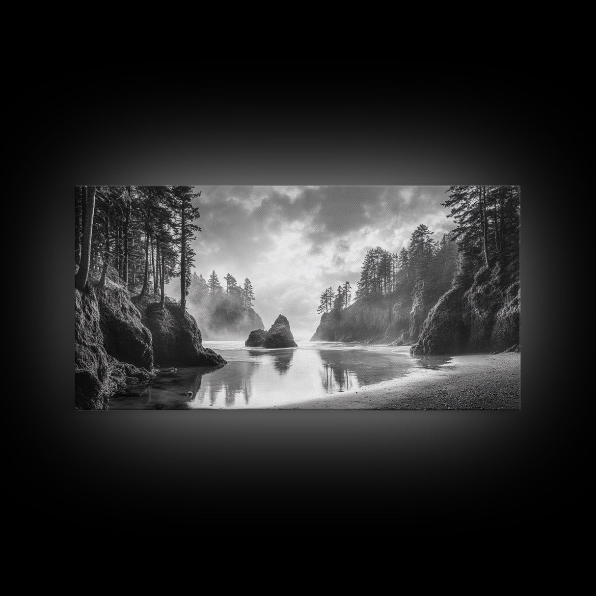 Forest Coast, Secluded Beach, Ocean Rocks, Misty Trees, Framed Canvas Print, Nature Wall Art, Living Room Decor, Moody Landscape