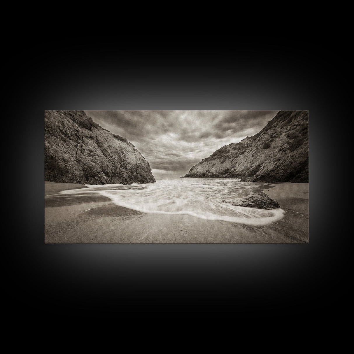 Secluded Beach Cove, Coastal Seascape, Sepia Landscape Art, Framed Canvas Print, Bathroom or Bedroom Wall Decor, Nature Inspired