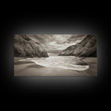 Secluded Beach Cove, Coastal Seascape, Sepia Landscape Art, Framed Canvas Print, Bathroom or Bedroom Wall Decor, Nature Inspired