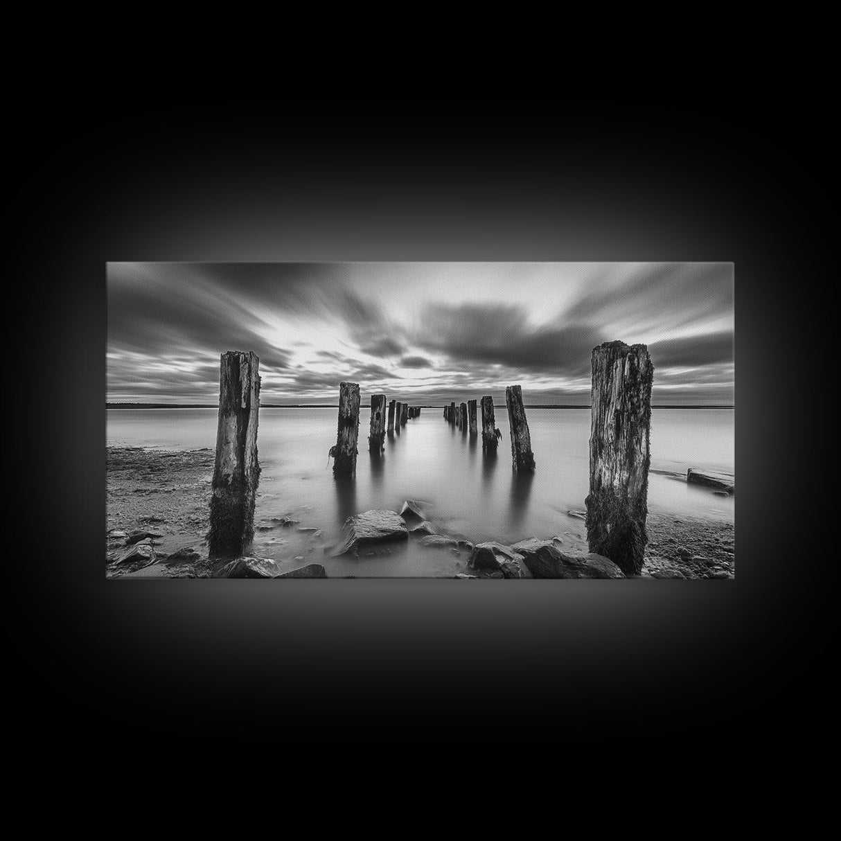 Ocean Pilings, Calm Waters, Cloud Streaks, Sunset Mood, Canvas Print, Minimalist Seascape, Bedroom Wall Art, Serene Beach Decor