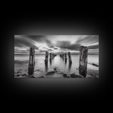 Ocean Pilings, Calm Waters, Cloud Streaks, Sunset Mood, Canvas Print, Minimalist Seascape, Bedroom Wall Art, Serene Beach Decor