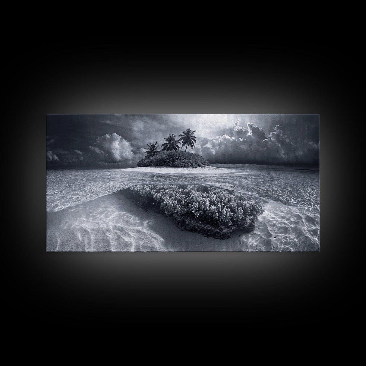 Coral Island, Tropical Ocean, Underwater Reef, Clear Sea, Framed Canvas Print, Beach House Art, Coastal Living Room Decor, Office Wall Decor
