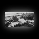 Open Book, Cowboy Hat, Driftwood Beach, Peaceful Shore, Canvas Print, Western Boho Art, Reading Nook Wall Decor, Fall Vibes, Office Wall Decor