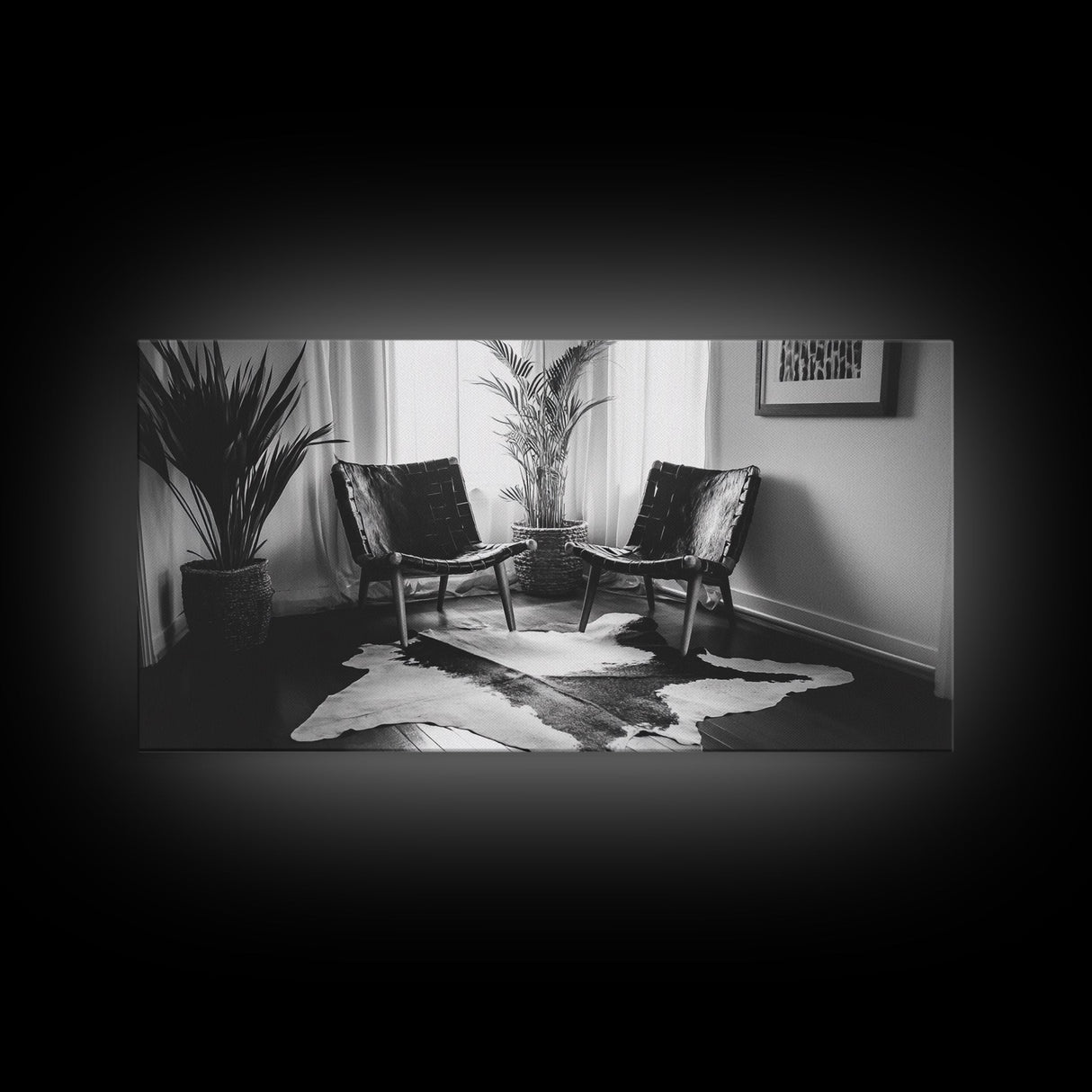 Leather Chairs, Cowhide Rug, Indoor Plants, Modern Farmhouse, Framed Canvas Print, Minimalist Living Room Art, Cozy Home Decor
