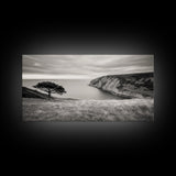 Coastal Cliff View, Solitary Tree Scene, Modern Minimalist Style, Framed Canvas Print, Calm Neutral Wall Art, Living Room Decor