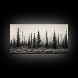 Misty Pines, Evergreen Forest, Morning Fog, Monochrome Nature, Canvas Print, Fall Entryway Wall Art, Woodland Boho Home Decor