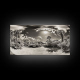Desert Oasis, Palm Landscape, Nature Panorama, Framed Canvas Print, Tropical Wall Art, Living Room Decor, Boho Aesthetic, Sunlit Scene