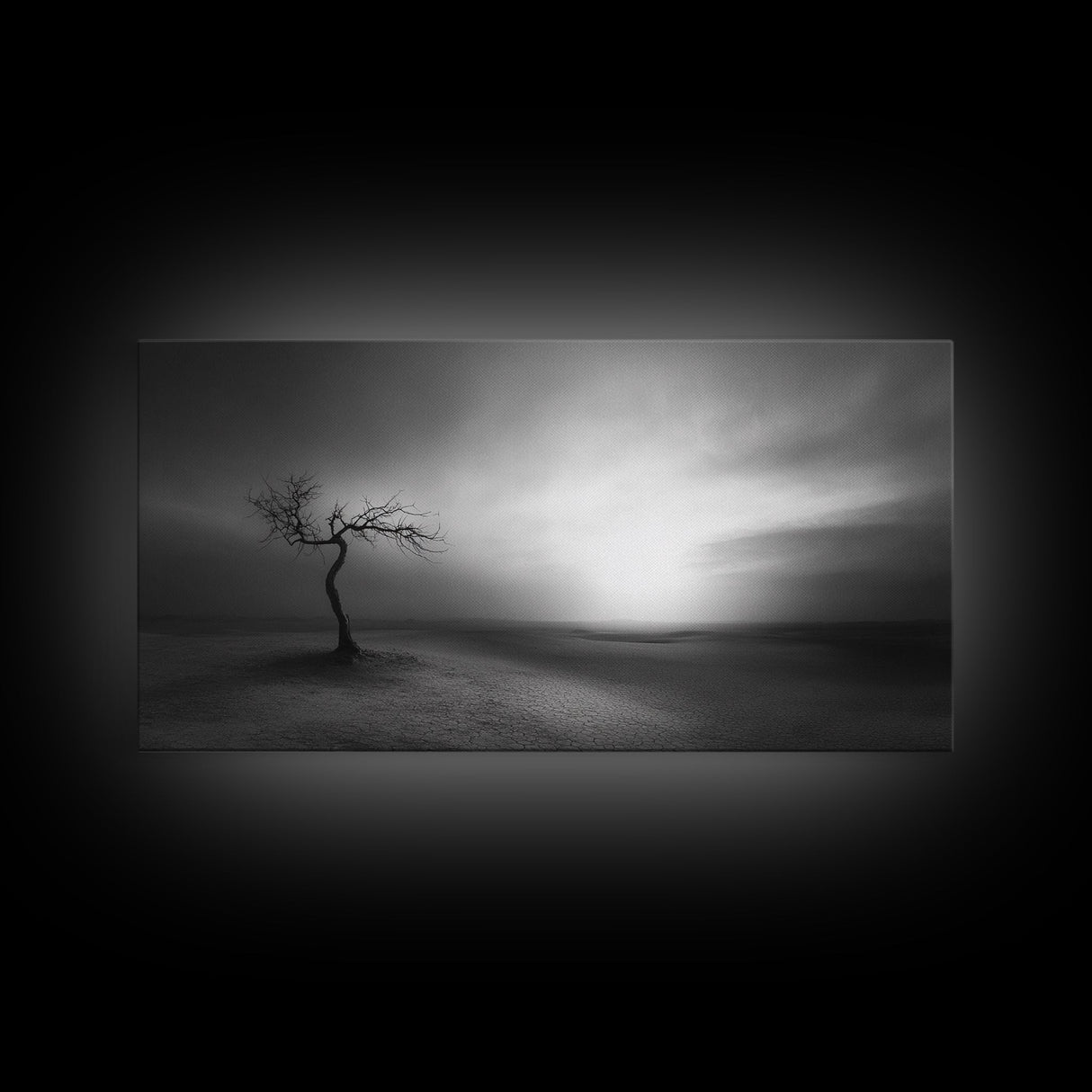 Lonely Tree, Dramatic Desert, Emotional Landscape, Framed Canvas Print, Bedroom Wall Art, Black White Decor, Surreal Art Vibes