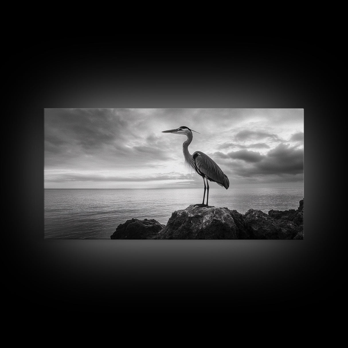 Heron Bird, Ocean Rock, Serene Wildlife, Canvas Print, Coastal Wall Art, Modern Farmhouse Decor, Minimalist Animal Scene