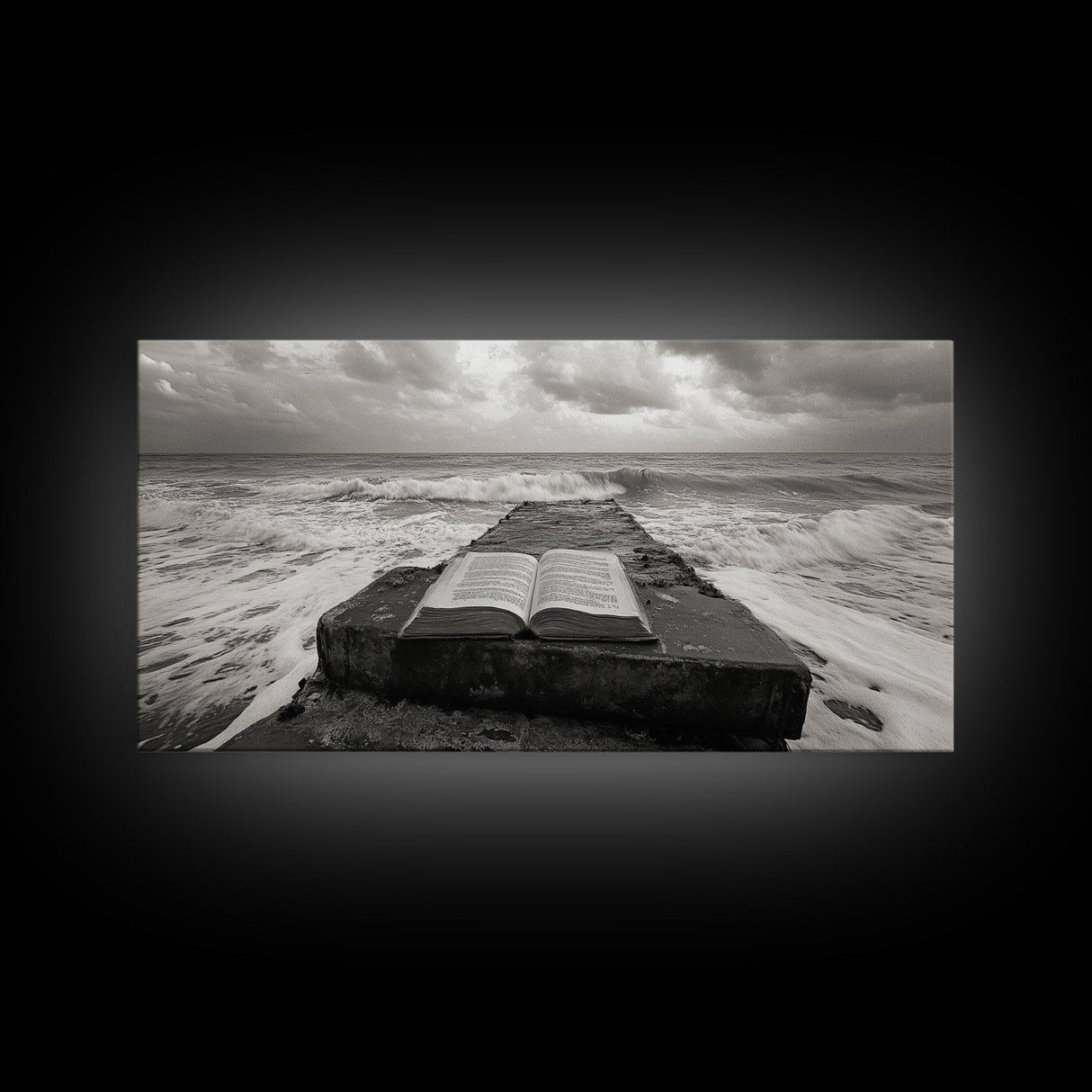 Ocean and Book, Moody Literary Print, Surreal Seascape Art, Framed Canvas Print, Library or Reading Nook Wall Decor, Dark Academia