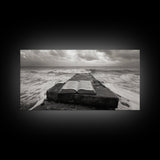 Ocean and Book, Moody Literary Print, Surreal Seascape Art, Framed Canvas Print, Library or Reading Nook Wall Decor, Dark Academia