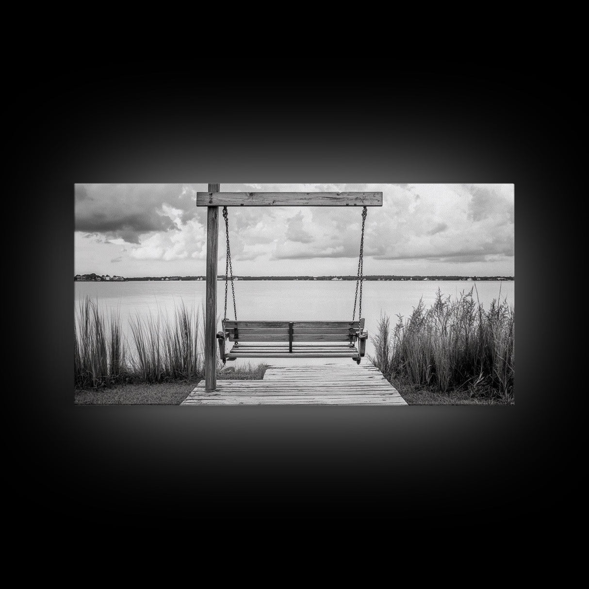 Rustic Lake Swing, Tranquil Nature Scene, Porch Art, Landscape Photography, Framed Canvas Print, Country Decor, Living Room Wall Art