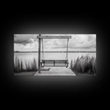 Rustic Lake Swing, Tranquil Nature Scene, Porch Art, Landscape Photography, Framed Canvas Print, Country Decor, Living Room Wall Art