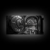 Bank Vault Door, Industrial Urban Decor, Luxury Office Art, Framed Canvas Print, Black and Silver Wall Art, Masculine Home Style