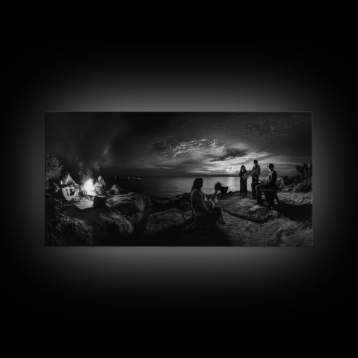 Campfire Gathering, Boho Night Vibes, Music Outdoors Scene, Framed Canvas Print, Living Room Wall Art, Folk Rustic Aesthetic
