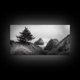 Coastal Cliff Scene, Evergreen Ocean Landscape, Pacific Northwest View, Framed Canvas Print, Nature Inspired Wall Art, Minimalist Decor