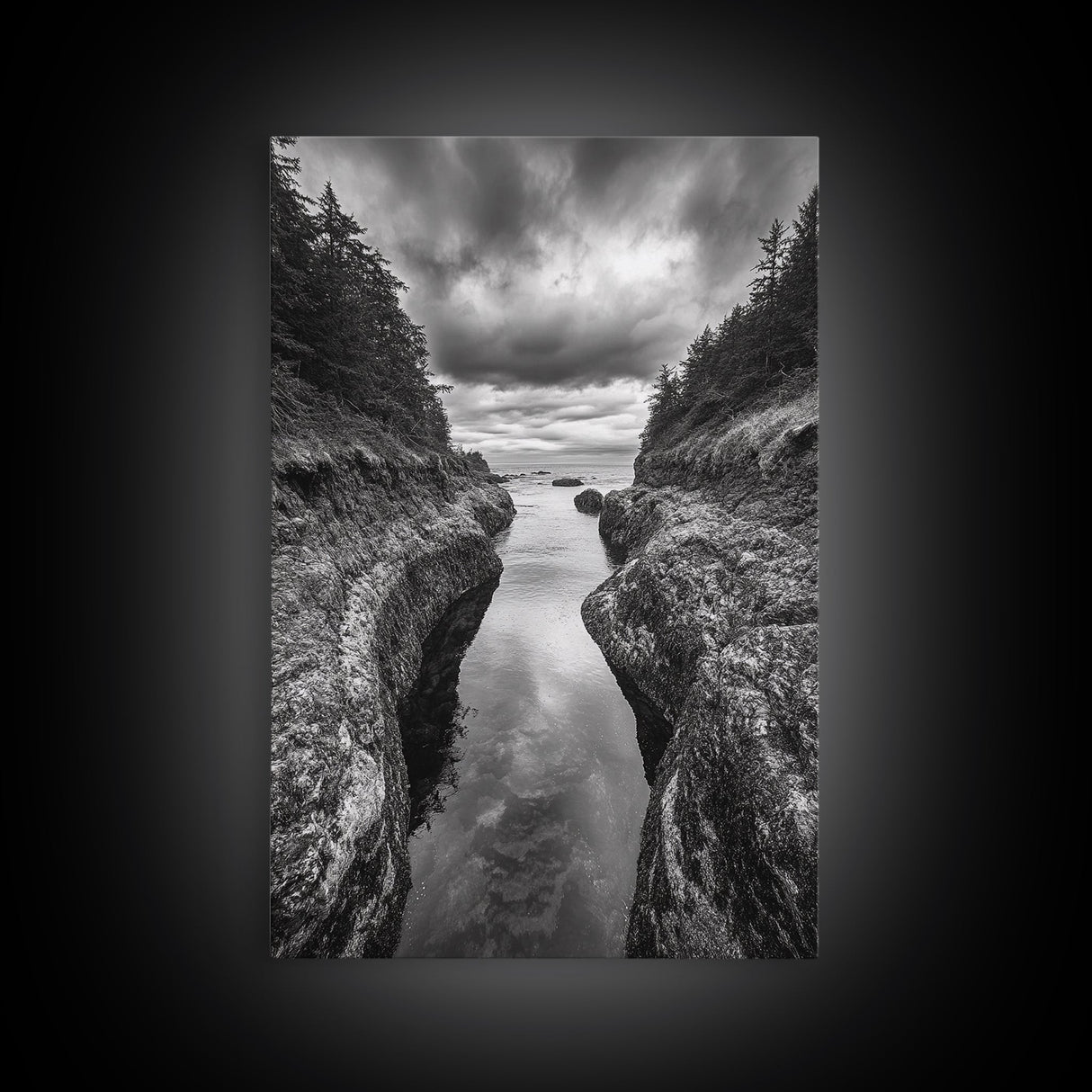 Rocky Waterway, Coastal Reflections, Dramatic Cloudscape, Ocean Nature Print, Framed Canvas Print, Bathroom Wall Art, Modern Rustic Style