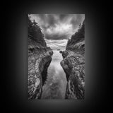Rocky Waterway, Coastal Reflections, Dramatic Cloudscape, Ocean Nature Print, Framed Canvas Print, Bathroom Wall Art, Modern Rustic Style