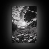 Sunset Beach View, Wide Angle Perspective, Nature Shoreline, Monochrome Landscape, Framed Canvas Print, Hallway Wall Art, Beach Decor