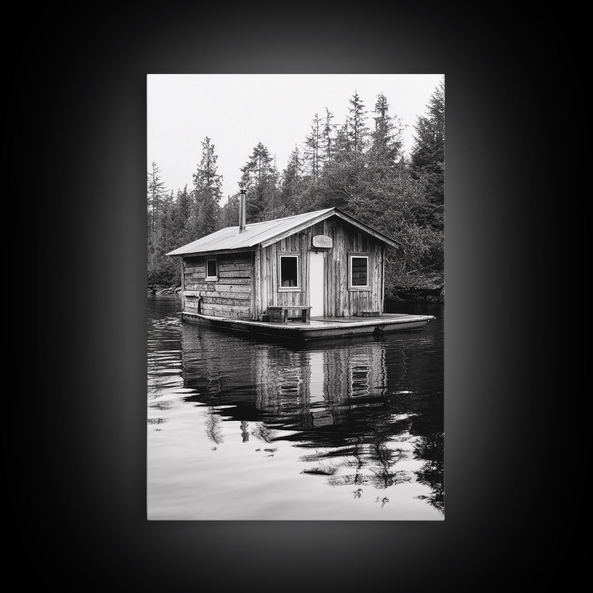 Floating Cabin, Lake House, Forest Reflection, Tranquil Waters, Framed Canvas Print, Bedroom Wall Art, Cabin Aesthetic, Rustic Nature Vibe