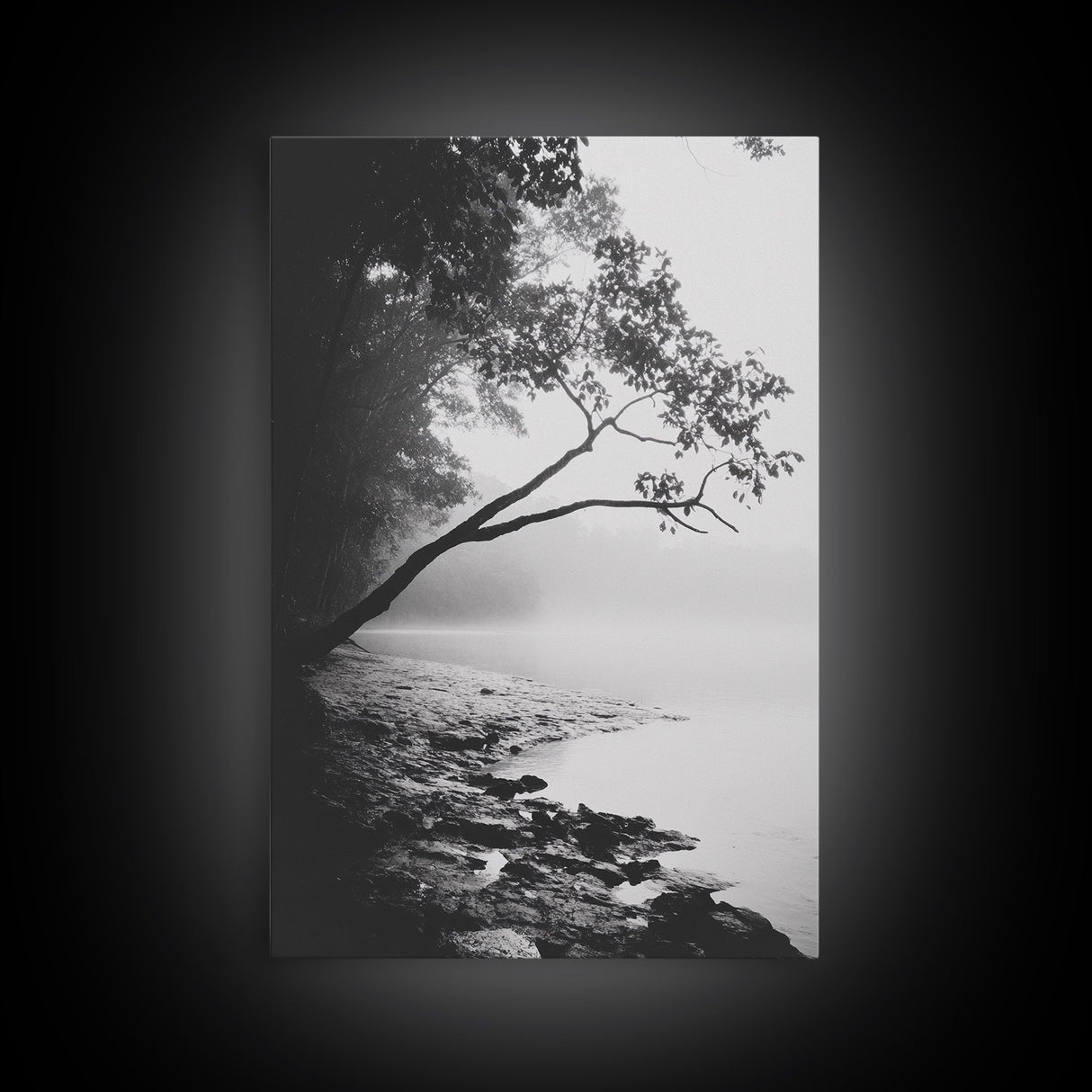 Misty Tree, Shoreline Fog, Forest Edge, Moody Atmosphere, Framed Canvas Print, Bedroom Wall Art, Autumn Woodland Style, Serene Nature Decor