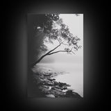 Misty Tree, Shoreline Fog, Forest Edge, Moody Atmosphere, Framed Canvas Print, Bedroom Wall Art, Autumn Woodland Style, Serene Nature Decor