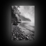 Foggy Coast, Moody Shore, Tranquil Pebbles, Forest Water, Framed Canvas Print, Bathroom Wall Art, Nature Photography Style, Calm Retreat Decor