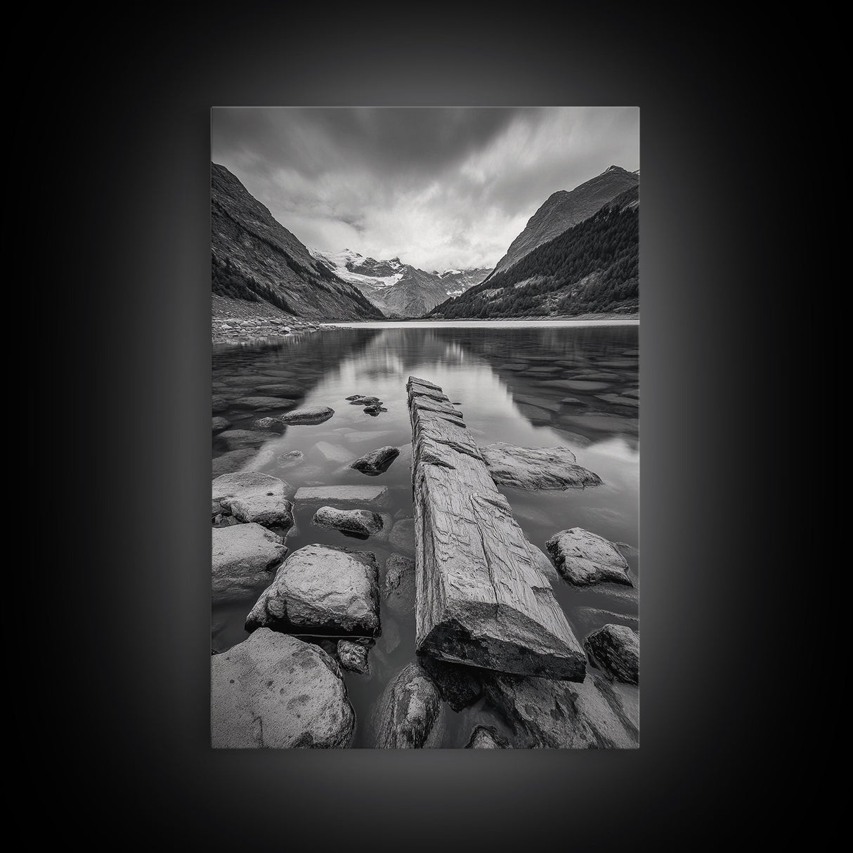 Mountain Lake Log, Alpine Serenity Scene, Tranquil Rock Shore, Canvas Print, Bedroom Wall Art, Nature Retreat, Minimalist Landscape