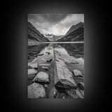 Mountain Lake Log, Alpine Serenity Scene, Tranquil Rock Shore, Canvas Print, Bedroom Wall Art, Nature Retreat, Minimalist Landscape
