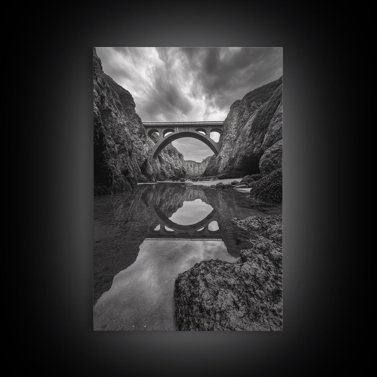 Stone Bridge, Reflections, River Archway, Nature Drama, Framed Canvas Print, Landscape Wall Art, Monochrome Photography, Entryway Art