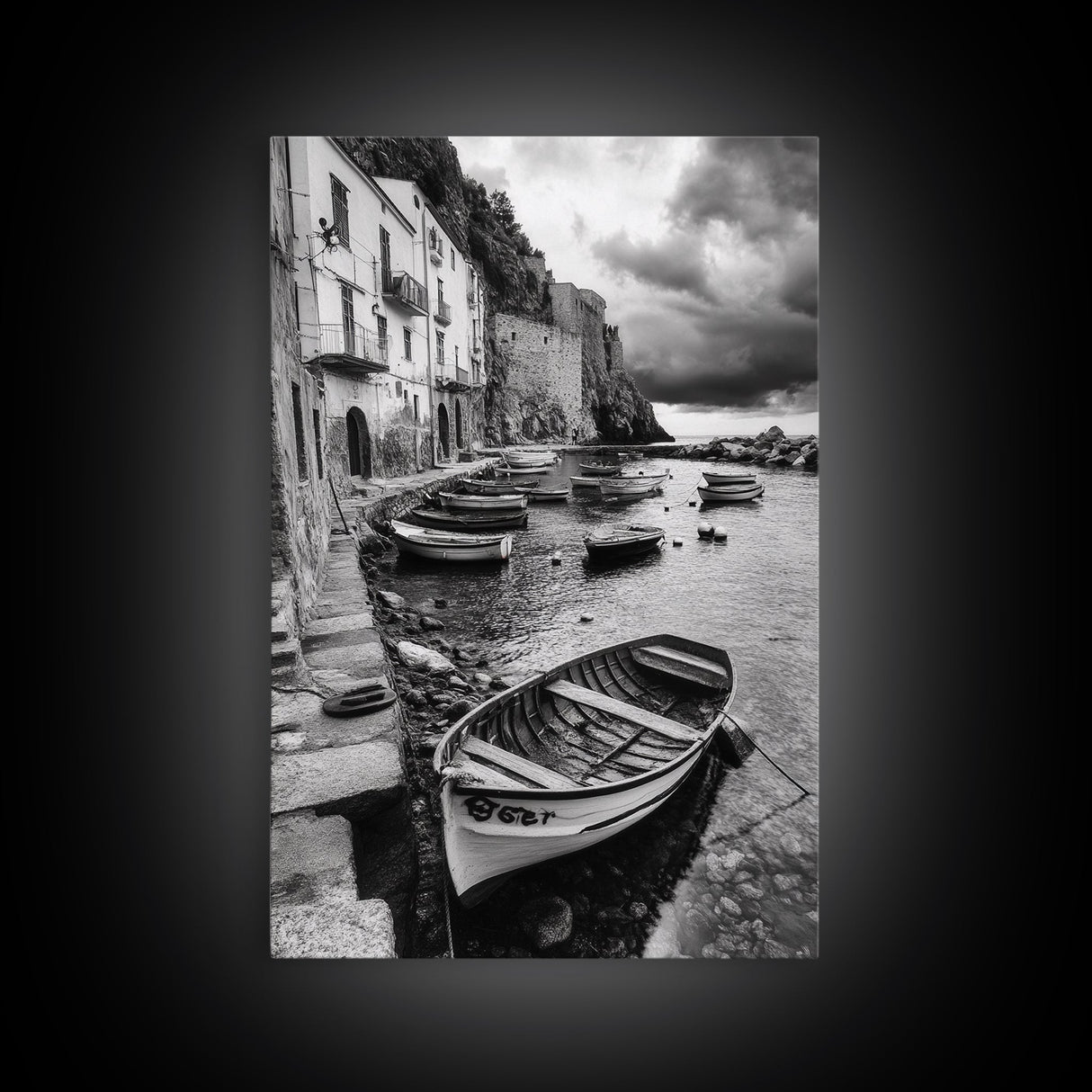 Coastal Village, Fishing Boats, Mediterranean Harbor, Seaside Charm, Framed Canvas Print, Nautical Kitchen Wall Art, Fall Decor Accent