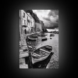 Coastal Village, Fishing Boats, Mediterranean Harbor, Seaside Charm, Framed Canvas Print, Nautical Kitchen Wall Art, Fall Decor Accent