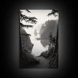 Forest Cliffs, Ocean Pathway, Misty Coast, Woodland Escape, Framed Canvas Print, Cabin Wall Art, Nature Trail Aesthetic, Autumn Mood Art