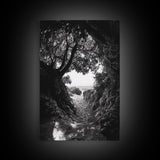 Hidden Beach, Cave Entrance, Secret Shoreline, Natural Light, Canvas Print, Bathroom Wall Decor, Travel Inspired Art, Black And White
