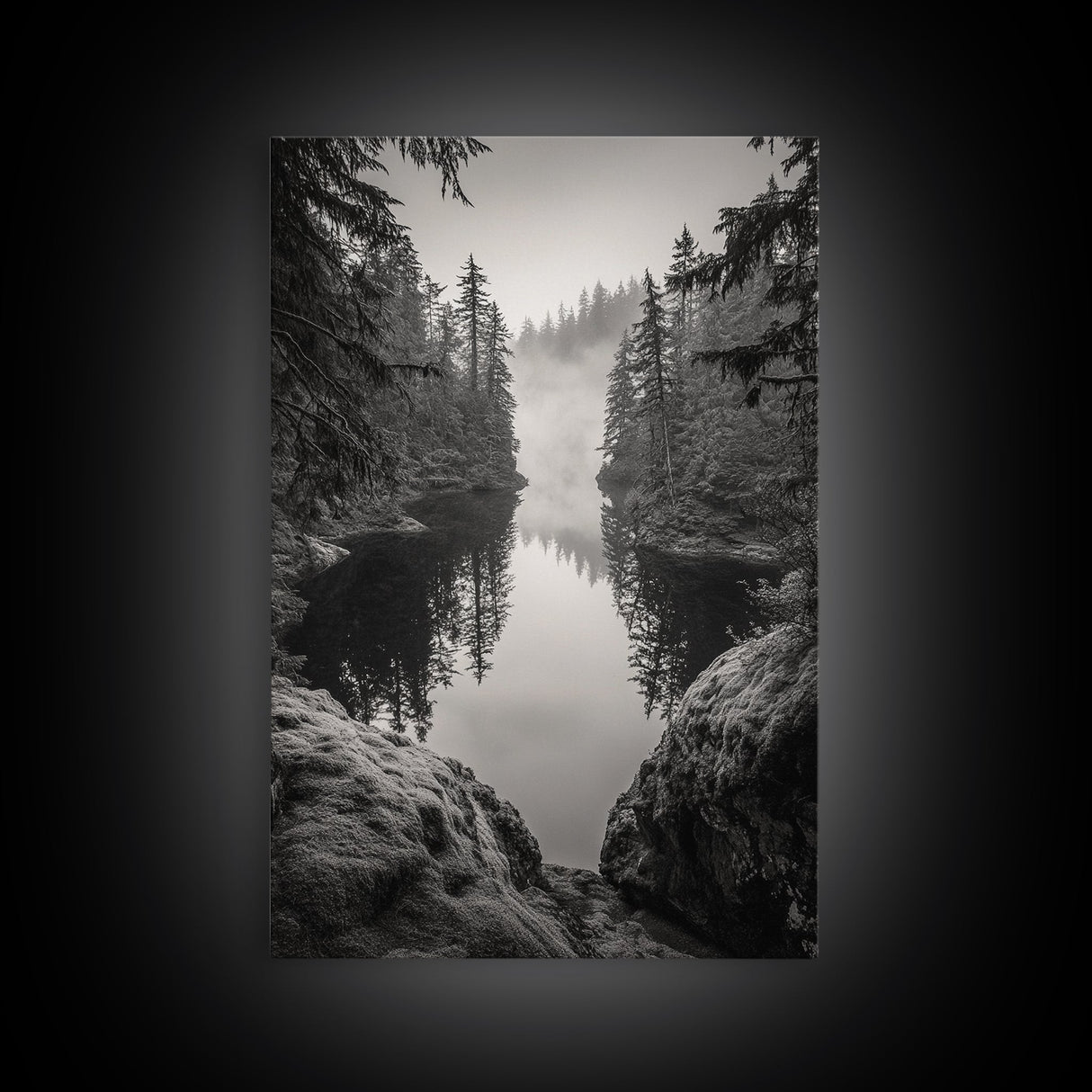 Misty Forest, River Reflection, Foggy Pines, Mountain Silence, Framed Canvas Print, Bedroom Wall Art, Tranquil Nature Photography, Zen Decor