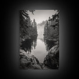 Misty Forest, River Reflection, Foggy Pines, Mountain Silence, Framed Canvas Print, Bedroom Wall Art, Tranquil Nature Photography, Zen Decor