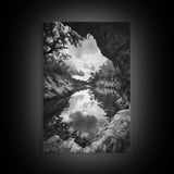 Serene River Reflection, Cave View, Monochrome Nature, Framed Canvas Print, Living Room Wall Art, Tranquil Landscape, Minimalist Decor