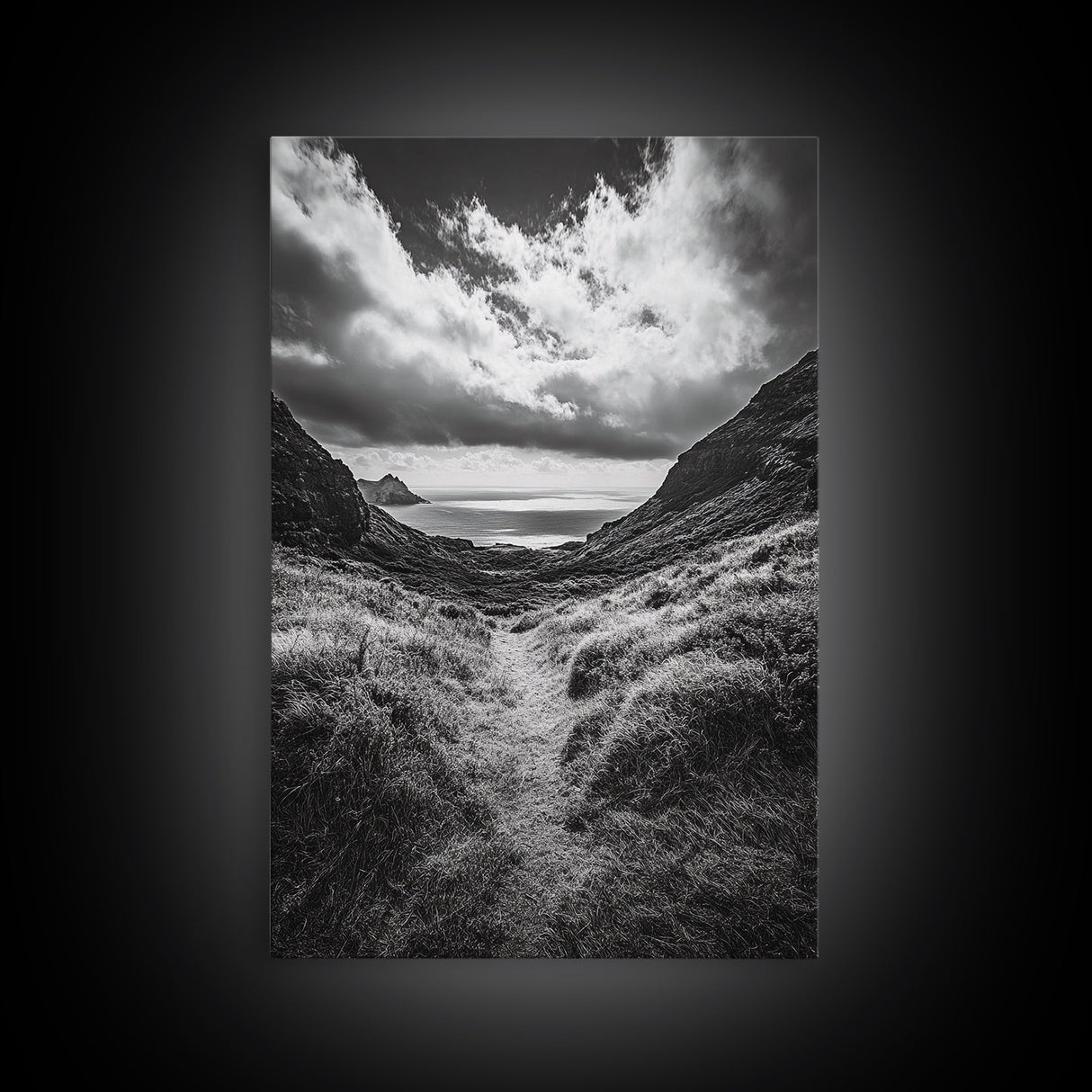Highland Ocean Trail, Dramatic Clouds, Monochrome Nature, Canvas Print, Office Wall Art, Adventure Landscape, Rustic Home Decor
