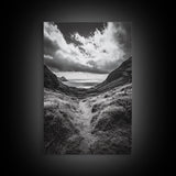Highland Ocean Trail, Dramatic Clouds, Monochrome Nature, Canvas Print, Office Wall Art, Adventure Landscape, Rustic Home Decor