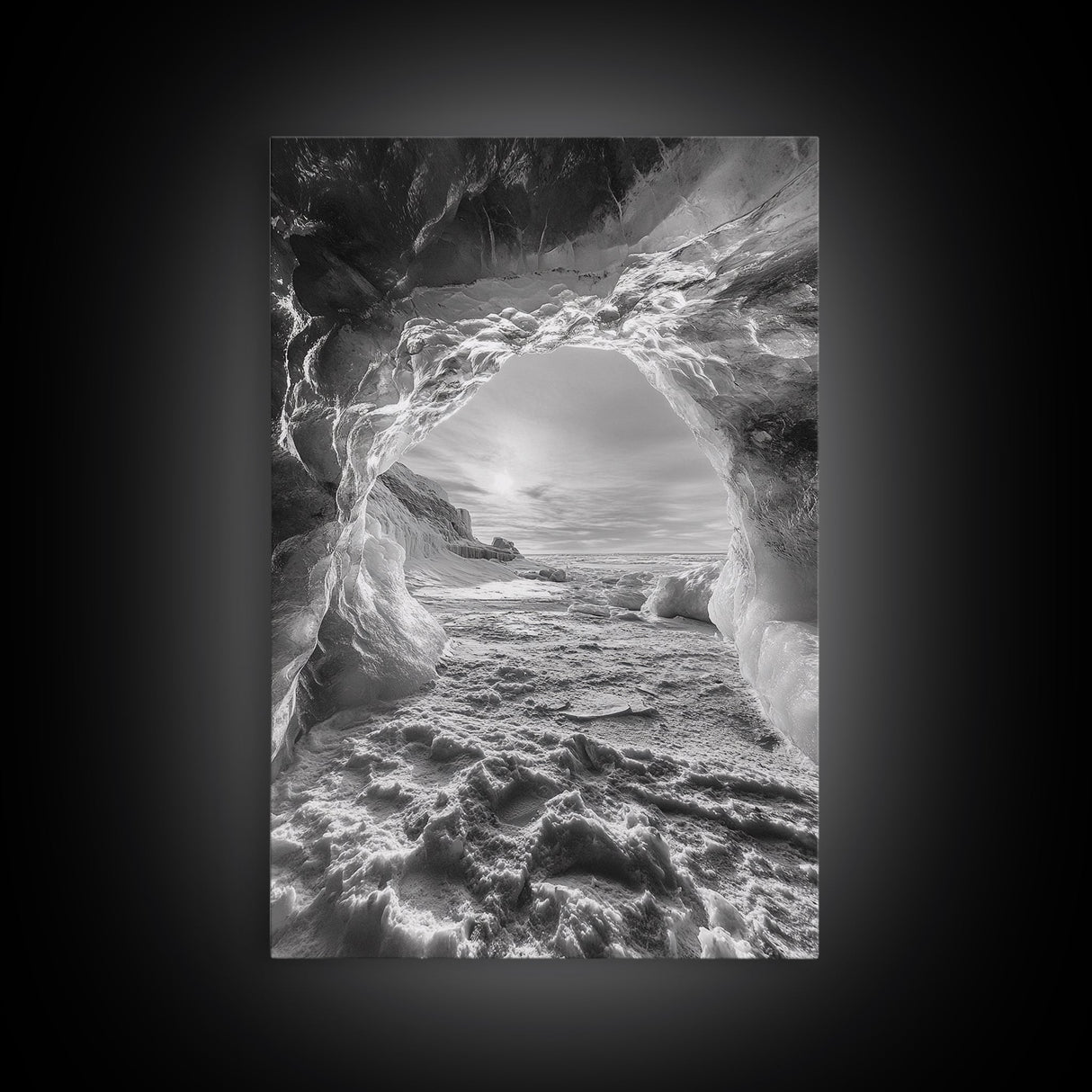 Ice Cave Opening, Winter Wonderland, Arctic Light, Framed Canvas Print, Bedroom Wall Art, Nordic Landscape, Minimalist Winter Art