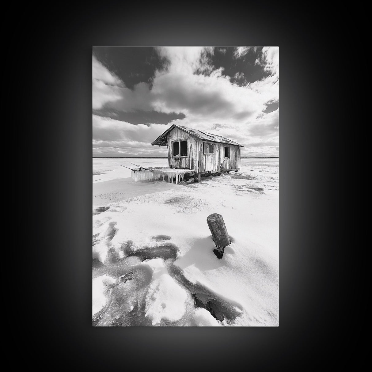 Frozen Cabin Scene, Snowy Landscape, Winter Monochrome, Canvas Print, Cabin Wall Art, Rustic Winter Decor, Nature Photography