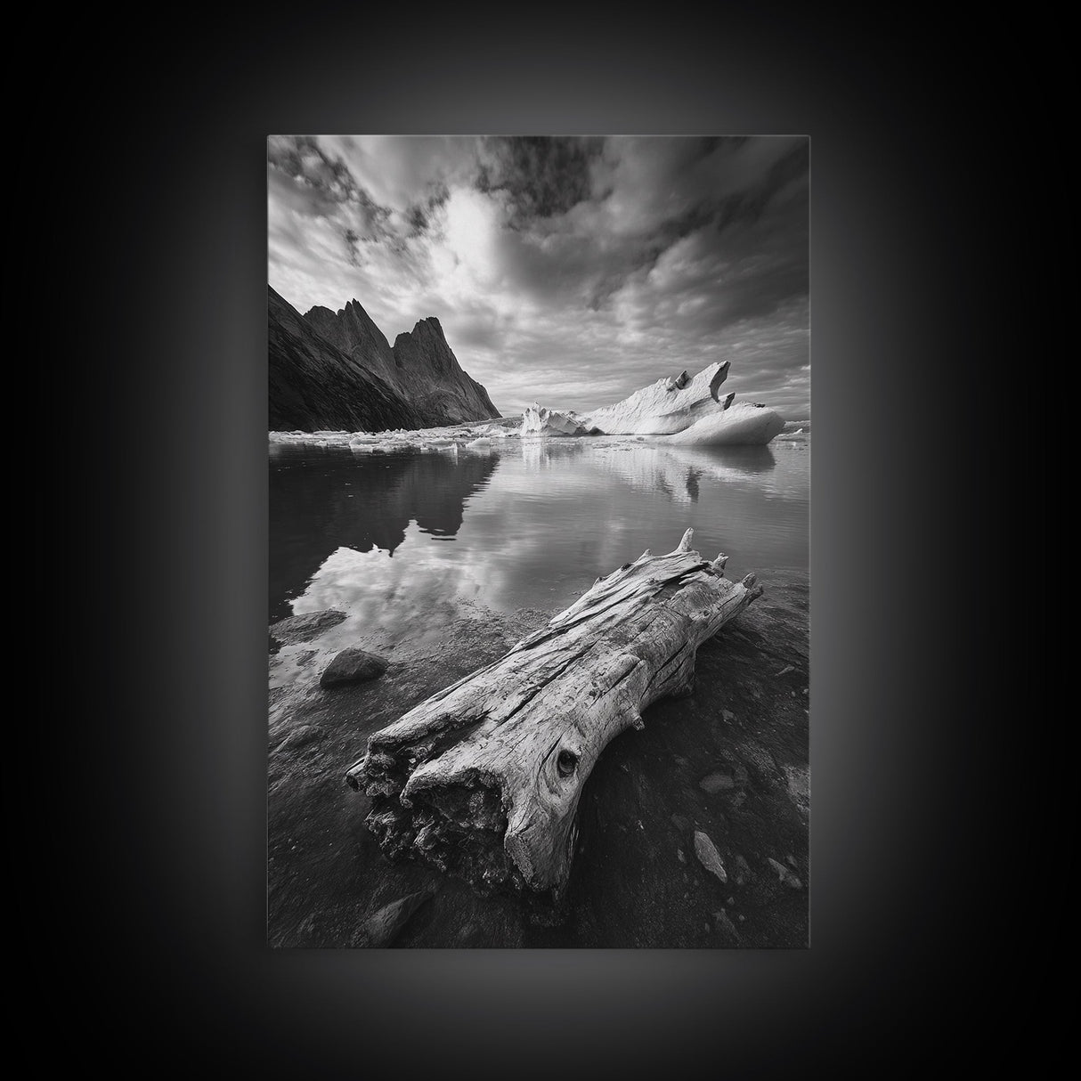 Arctic Driftwood View, Iceberg Horizon, Moody Mountains, Framed Canvas Print, Office Wall Art, Monochrome Nature, Nordic Aesthetic