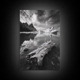 Arctic Driftwood View, Iceberg Horizon, Moody Mountains, Framed Canvas Print, Office Wall Art, Monochrome Nature, Nordic Aesthetic