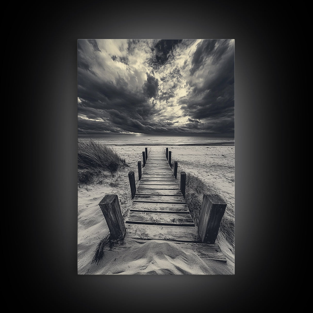 Stormy Beach Dock, Dramatic Skies, Coastal Mood, Framed Canvas Print, Fall Wall Art, Entryway Decor, Moody Seascape, Rustic Coastal Home