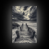 Stormy Beach Dock, Dramatic Skies, Coastal Mood, Framed Canvas Print, Fall Wall Art, Entryway Decor, Moody Seascape, Rustic Coastal Home